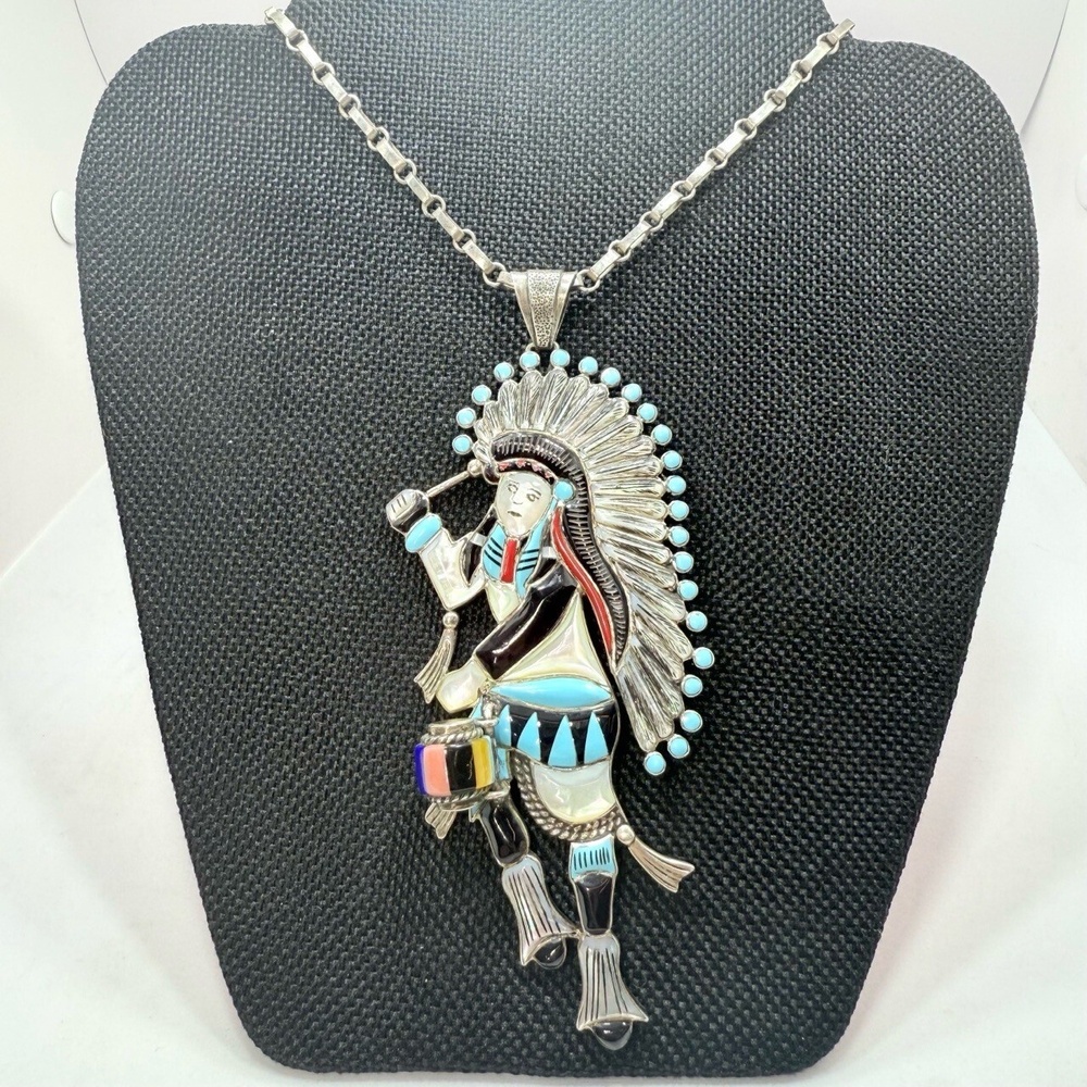 Sterling Zuni Native American Necklace Signed Drummer Inlay Turquoise Vintage
